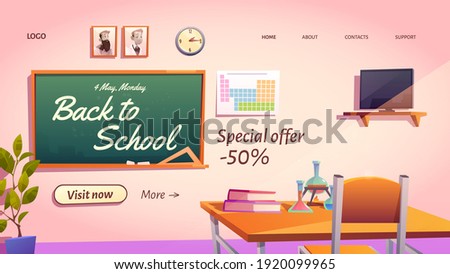 Back to school cartoon landing page with special promo sale offer. Empty classroom with chemistry studying stuff or textbooks on student desk and blackboard, vector web banner, price off advertisement