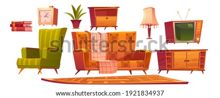 Retro old living room furniture and stuff sofa, wooden nightstand, armchair and antique switched-off television books, alarm clock, wood tv stand and table lamp with rag, Cartoon vector icons set