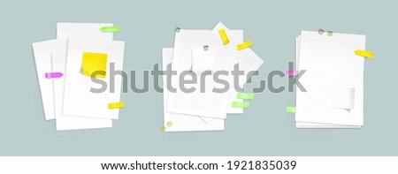 Paper sheet stacks with sticky notes and clips. Vector realistic mockup of notebook pages with pattern of lines, dots and square grid, color memo stickers and paperclips isolated on gray background