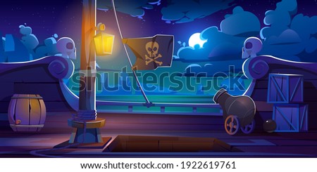 Pirate ship deck onboard night view, wooden boat with cannon, glow lantern, wood barrels, hold entrance, mast with ropes and jolly roger flag on dark seascape background, cartoon vector illustration