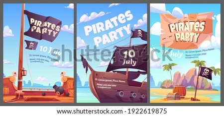 Pirates party kids adventure cartoon posters with treasure chest with gold on secret island, filibuster ship with jolly roger flag and cannon, invitation to children event, vector vertical flyers set