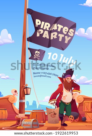 Pirates party flyer, invitation for adventure game or event. Vector poster with cartoon illustration of sea, pirate ship wooden deck with cannon and black flag with skull