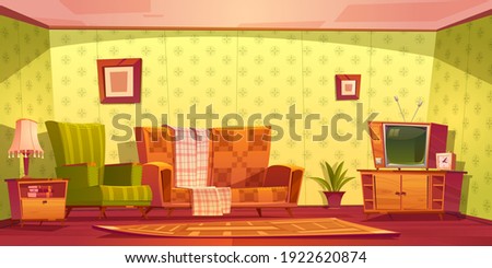 Vintage interior of living room with couch, armchair, clock and tv on stand. Vector cartoon illustration of retro lounge with television screen, carpet, lamp and picture frames on green wall
