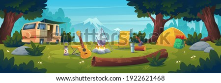 Summer camp at day time. Rv caravan stand at campfire with pot, tent, log, cauldron and guitar on mountain view. Summertime camping, traveling, trip, hiking activities, Cartoon vector illustration