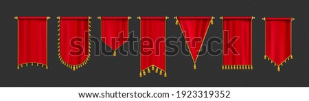 Red pennant flags mockup, blank hanging banners with golden tassels, rounded, concave, pointed and double edges. Medieval heraldic ensign templates, canvas. Realistic 3d vector icons isolated set Stockfoto © 