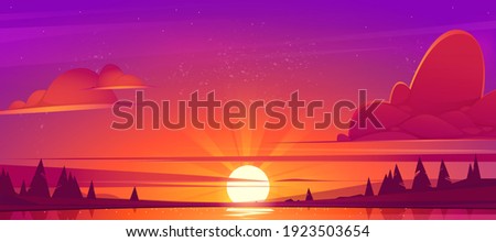 Sunset landscape with lake, clouds on red sky, silhouettes on hills and trees on coast. Vector cartoon illustration of nature scenery with sunrise, coniferous forest on river shore