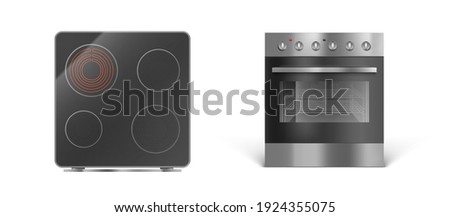 Induction cooking panel with oven, electric stove front and top view. Vector realistic set of kitchen cooker with transparent glass oven door, black ceramic stovetop isolated on white background