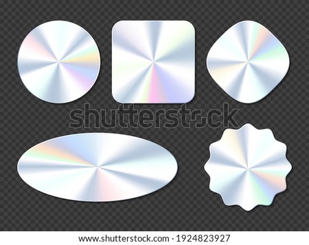 Holographic stickers, hologram labels of different shapes. Round, square, oval, rhombus and wavy iridescent foil or silver colored blank rainbow shiny emblems, Realistic 3d vector illustration, set