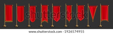 Red long pennant flags with golden tassel fringe isolated on transparent background. Vector realistic template of blank textile pennons different shapes on gold pillars