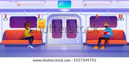 Subway train car with people in masks. Woman with phone and man with book in metro wagon. Vector cartoon illustration of underground railway carriage with sitting passengers that keep social distance