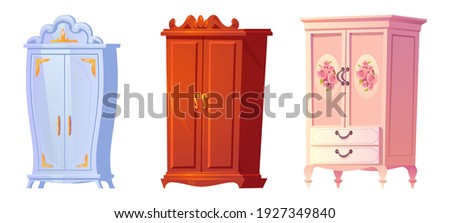 Cartoon cupboards baroque, shabby chic or classic style. Luxury interior cabinets vintage stuff, old fashioned furniture, wooden wardrobe isolated on white background, cartoon vector illustration, set