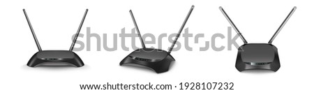 Wifi router front, top, angle and side view mockup, black home device with two antennas, glow blue indicators for wireless internet connection. Modern technology, Realistic 3d vector isolated mock up