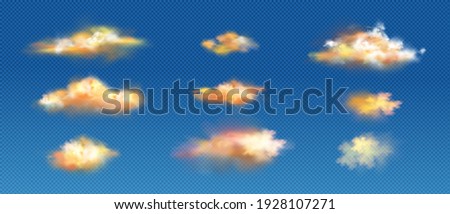 Realistic clouds of yellow or orange colors, sunset or sunrise fluffy spindrift or cumulus eddies flying weather and nature design elements isolated on transparent background, 3d vector icons set