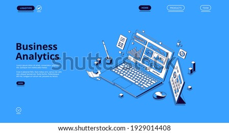 Business analytics isometric landing page. Financial marketing, online trading and investment, automation. Laptop with digital analysis data charts, statistics diagrams, 3d vector line art web banner