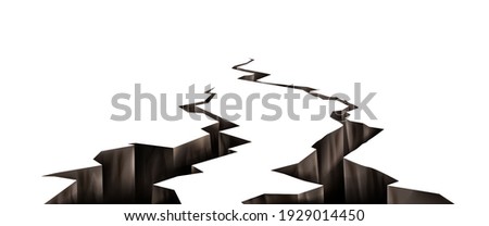 Ground cracks, earthquake cracking holes, ruined land surface crushed texture. Destruction, split, damage fissure effect after disaster isolated on white background. Realistic 3d vector illustration