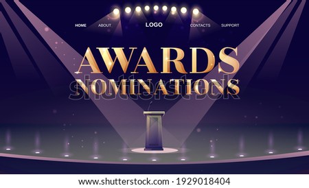 Award nominations cartoon landing page with tribune, microphone, glowing spotlights in conference hall, stage for presentation, empty scene interior. Announcement of ceremony event vector web banner