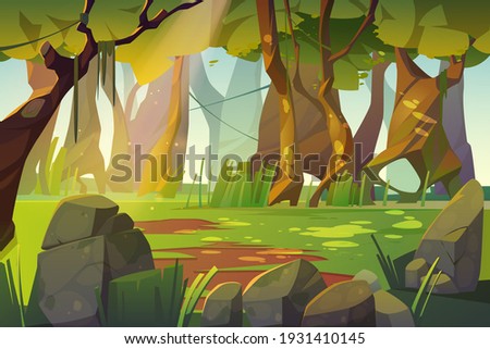 Summer forest glade with green grass. Scene of jungle, garden or natural park in daylight. Vector cartoon illustration of woods landscape with trees, lianas, stones and sunlight spots on grass