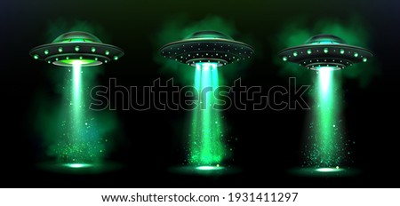3d UFO, vector alien space ships with green light beam, smoke and sparkles. Saucers with bright illumination and vertical ray for abduction, unidentified flying objects, Realistic vector illustration