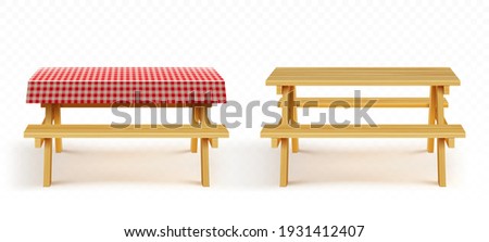 Wooden picnic table with benches and red plaid tablecloth isolated on transparent background. Vector realistic set of empty wood table with seats and cloth for garden, park or camping