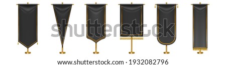 Black long pennant flags with golden tassel fringe and borders isolated on white background. Vector realistic template of blank textile pennons different shapes on gold pillars Foto d'archivio © 