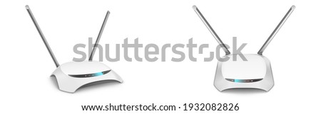 Wifi router front and side view mockup, blank home device with antennas for wireless internet connection isolated on white background. Modern technologies, Realistic 3d vector illustration, mock up