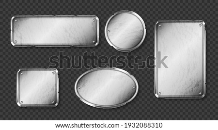 Old metal plates, steel signboards with screws isolated on transparent background. Vector realistic set of blank vintage shabby silver name plaques, sign boards different shapes with spalls