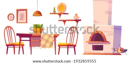 Cozy cafe or pizzeria interior with oven, wooden table and chairs, shelves and lamp. Vector cartoon set of furniture for canteen or rural russian kitchen with traditional stove
