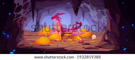 Dragon protect gold pile in cave, fantasy character guard treasure in mountain cavern. Magic creature of medieval fairytale, flying animal, book or computer game personage, Cartoon vector illustration