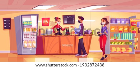 Konbini, convenience store with woman seller at counter and people in queue. Vector cartoon interior of open 24 hours shop, japanese supermarket with cashier and customers in protective face masks