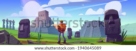 Traveler at ancient mayan pyramids or moai statues