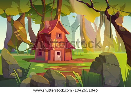 Wooden house in summer forest. Old shack in woods