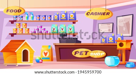 Pet shop interior, domestic animal store with counter desk, accessories, food, cat and dog houses, toys, tin cans on shelves. Inner view of petshop supermarket with nobody. Cartoon vector illustration