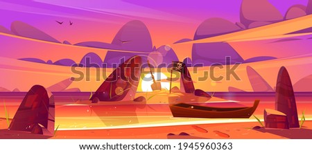 Sunset landscape of sea beach, boat and island in water with pirate flag and shovel. Vector cartoon illustration of ocean shore with wooden ship, black flag with skull, stones and red sky at evening