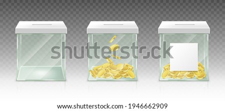 Glass money box for tips, savings or donations isolated on transparent background. Vector realistic set of 3d clear acrylic jar with gold coins and white blank label for pension fund, charity donate