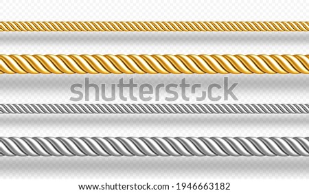 Gold and silver ropes, twisted twines isolated on white background. Vector realistic set of 3d golden and metal satin cords. Decoration borders of straight silk strings