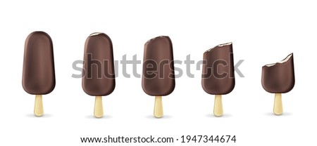 Popsicle ice cream on stick row from whole to bitten. Frozen. summer dessert of brown color made of fresh cream covered with chocolate isolated on white background. Realistic 3d vector icons set