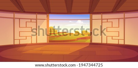 Dojo room, empty japanese style interior for meditation or martial arts workout with wooden floor and open door with scenic peaceful view on asian rice field, Cartoon vector illustration
