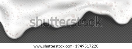 White soap foam, suds of detergent, cleaning gel or shampoo. Vector realistic illustration of froth with air bubbles in laundry, foam from beer or fizzy drink isolated on transparent background