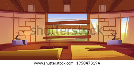 Old dojo, traditional japanese room for karate and meditation. Vector cartoon interior of empty abandoned dojo with broken wall, mats, hole in floor and boarded up window