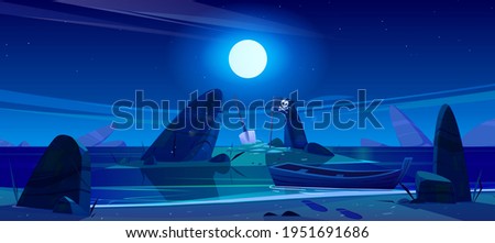 Night landscape of sea beach, boat and island in water with pirate flag and shovel. Vector cartoon illustration of ocean shore with wooden ship, black flag with skull, stones and moon in sky