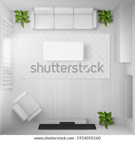 Top view of living room in house, apartment or hotel. Modern interior with tv, sofa, chair, book shelves, table and carpet. Vector realistic illustration of empty room with white furniture