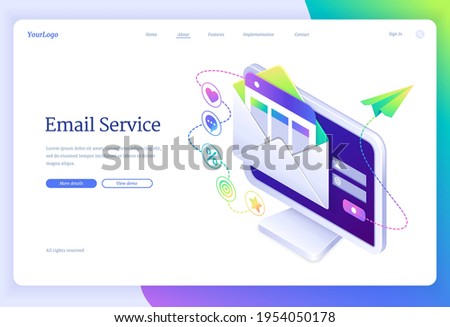 Email service isometric landing page with letter envelope on computer desktop. Electronic messages as part of business marketing. Webmail newsletter sending or receiving concept, 3d vector web banner