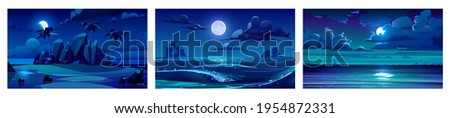Sea landscape with moon, stars and clouds in dark sky at night. Vector cartoon backgrounds of seascape with tropical island with palm trees, sand beach, ocean waves and coastline on horizon