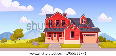 Suburban house, residential cottage, real estate countryside building red brick exterior. Two storey dwelling place with garage. Home facade with green lawn in front yard. Cartoon vector illustration