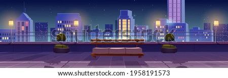 Terrace on rooftop with city view at night. Patio on roof or balcony with sofa, plants, lamps and railing on background of cityscape with modern buildings. Vector cartoon house terrace for relax