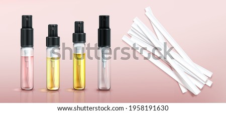 Perfume tester glass bottles and paper strips. Fragrance sample in transparent tubes with black spray cap on pink background. Vector realistic set of 3d perfumery testers and empty clear vial Photo stock © 