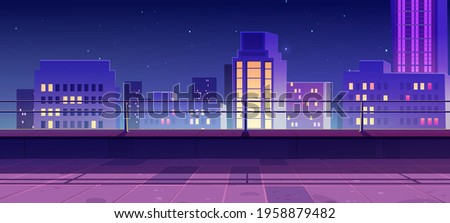 Terrace on rooftop with city view at night. Empty patio on roof or balcony with railing on background of cityscape with modern buildings and skyscrapers. Vector cartoon house terrace in town