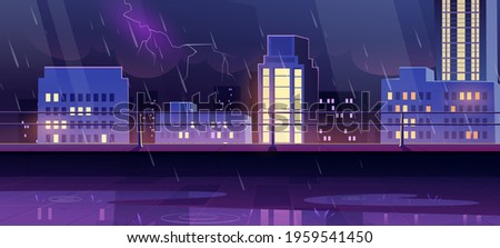 Terrace on rooftop at night storm, city view from empty patio on roof with railing on cityscape background with modern buildings and skyscrapers under rain and lightnings, Cartoon vector illustration