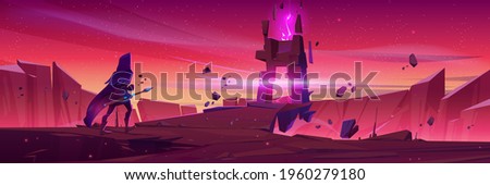Wizard walk to magic portal in stone frame on mountain landscape at sunrise. Vector cartoon fantasy illustration with knight in medieval costume with spear and ancient arch with pink glow over abyss