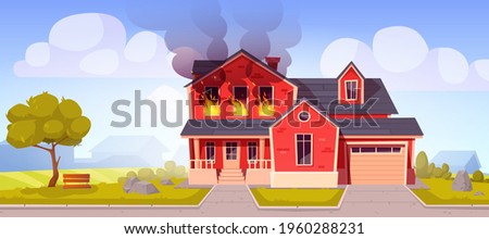 Fire in house, burning two-storey suburban cottage, flame with long tongues in real estate countryside building residential dwelling with garage. Dangerous accident at home Cartoon vector illustration